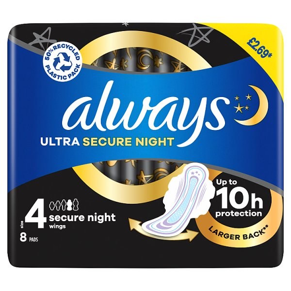 Always Ultra Secure Night Sanitary Pads, 8 pads