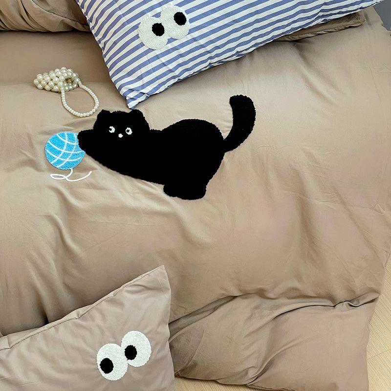 Luxury-Brown Rich Cat | High-end Embroidery 300 Cotton Duvet Cover Set (Duvet Cover + Pillowcase) - UKrabbit Essential