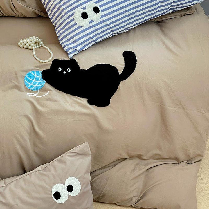 Luxury-Brown Rich Cat | High-end Embroidery 300 Cotton Duvet Cover Set (Duvet Cover + Pillowcase) - UKrabbit Essential