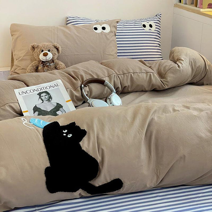 Luxury-Brown Rich Cat | High-end Embroidery 300 Cotton Duvet Cover Set (Duvet Cover + Pillowcase) - UKrabbit Essential
