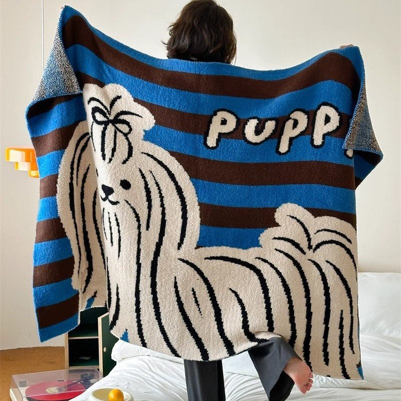 Blue Striped "Hagimee" Half-Pile Knitted Throw Blanket