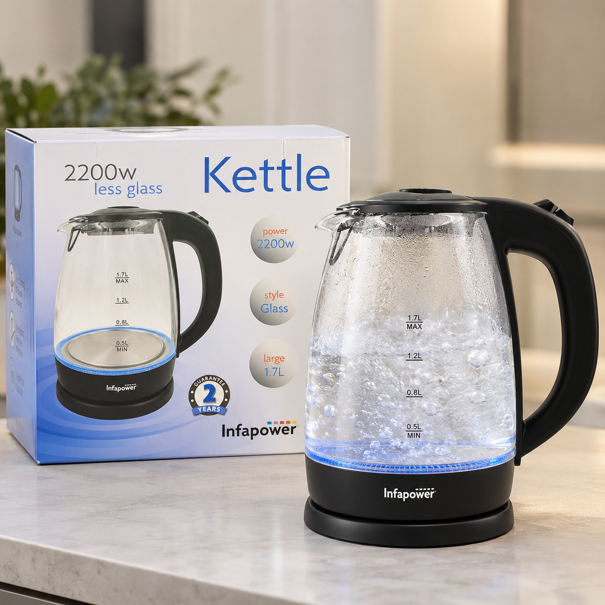 Infapower Glass 2200w 1.7L 360° Cordless Kettle