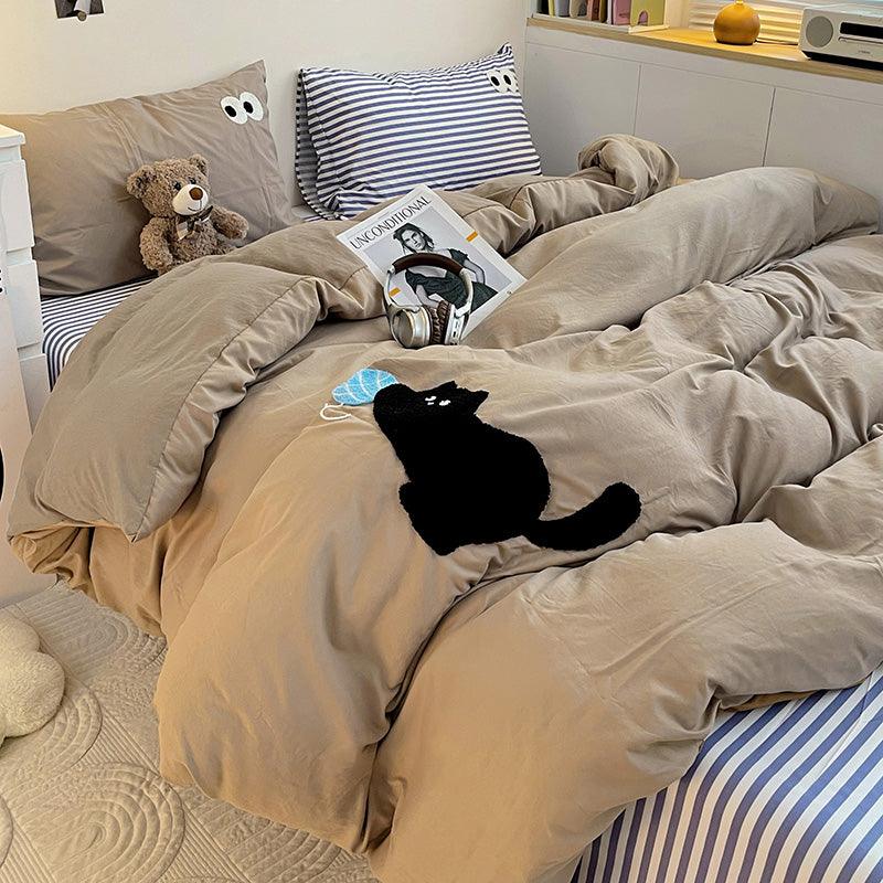 Luxury-Brown Rich Cat | High-end Embroidery 300 Cotton Duvet Cover Set (Duvet Cover + Pillowcase) - UKrabbit Essential