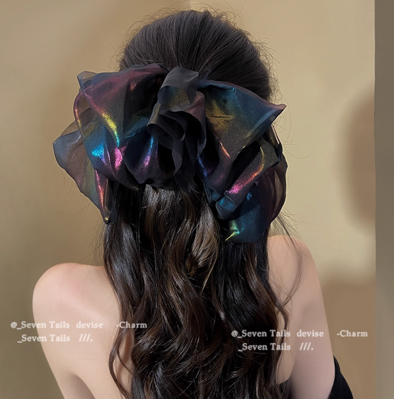Mermaid Princess Colored Mesh Large Bow Hair Clip - Women's Oversized Princess Hair Accessory with Spring Clip for Back-Head Styling
