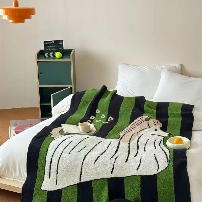 Bottle Green Lucky Dog Half-Pile Knitted Throw Blanket UKRABBIT ESSENTIAL