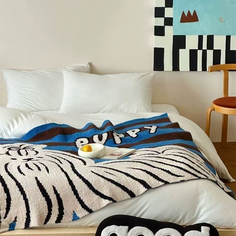 Blue Striped "Hagimee" Half-Pile Knitted Throw Blanket