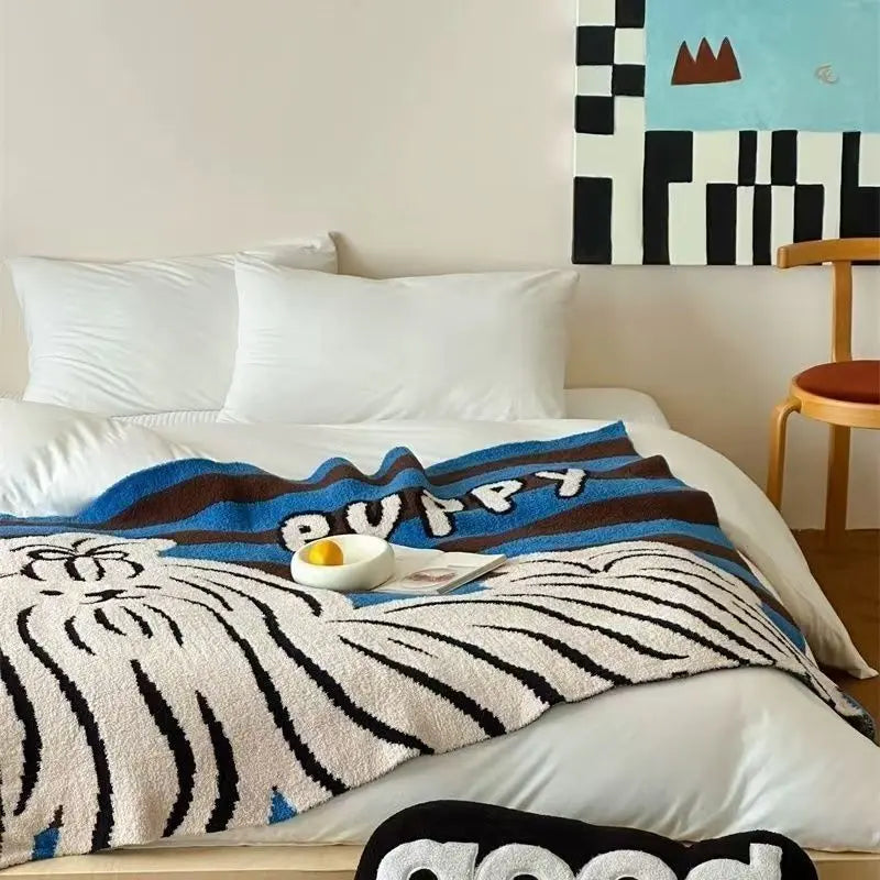 Blue Striped "Hagimee" Half-Pile Knitted Throw Blanket UKRABBIT ESSENTIAL