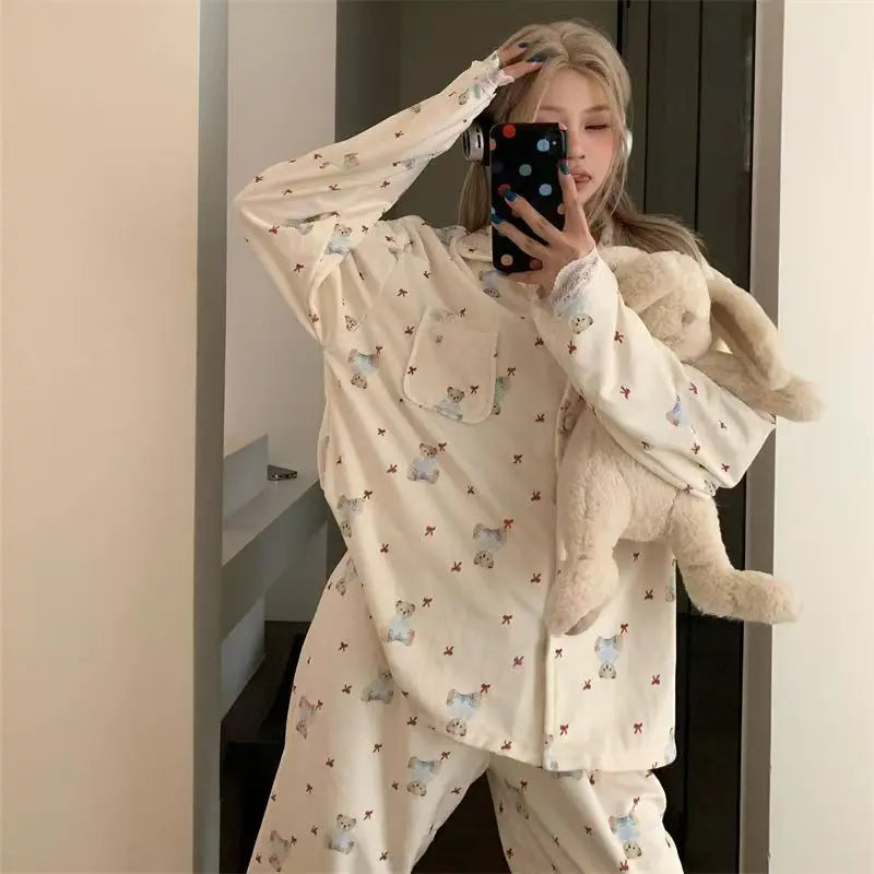 Thermal Bear & Bow Velvet Pajama Set UKRABBIT ESSENTIAL