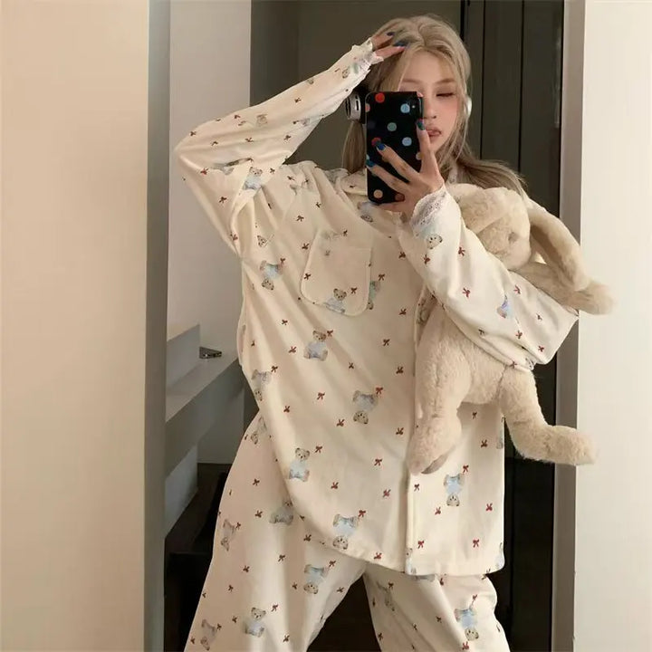 Thermal Bear & Bow Velvet Pajama Set UKRABBIT ESSENTIAL