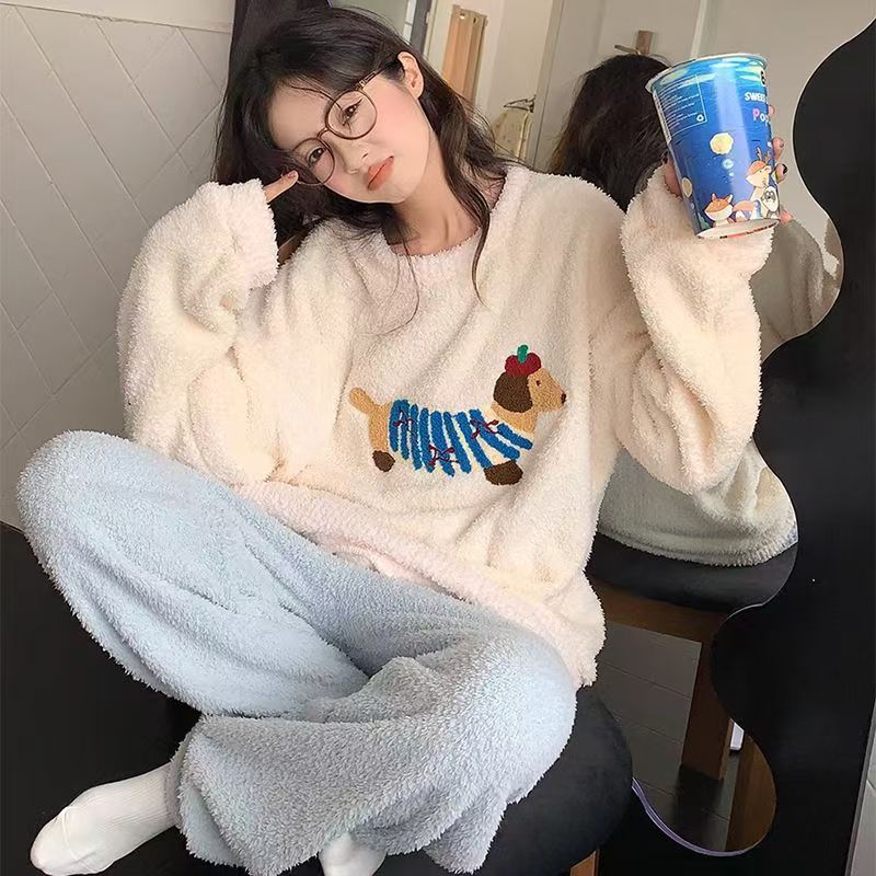 Half-Side Fleece Pajamas with Dachshund Print