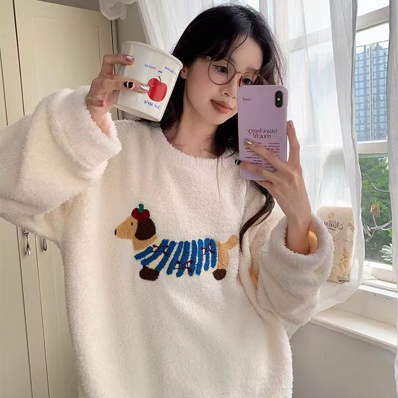 Half-Side Fleece Pajamas with Dachshund Print