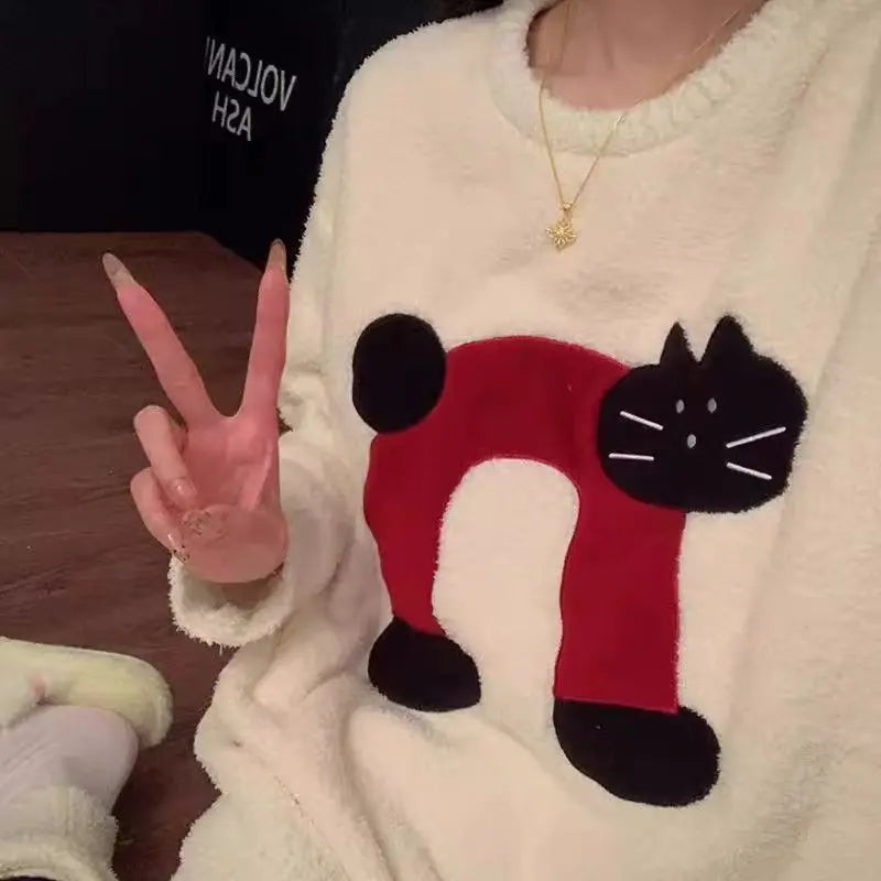 Half-Side Fleece Pajamas with Cat Print UKRABBIT ESSENTIAL