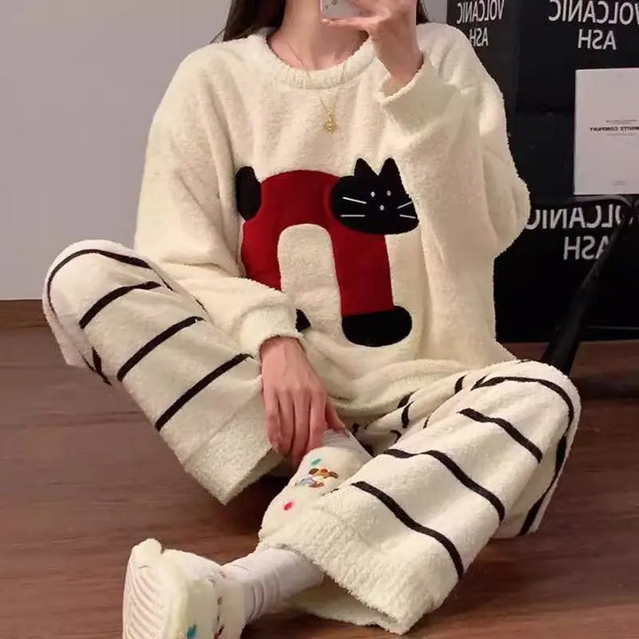 Half-Side Fleece Pajamas with Cat Print UKRABBIT ESSENTIAL