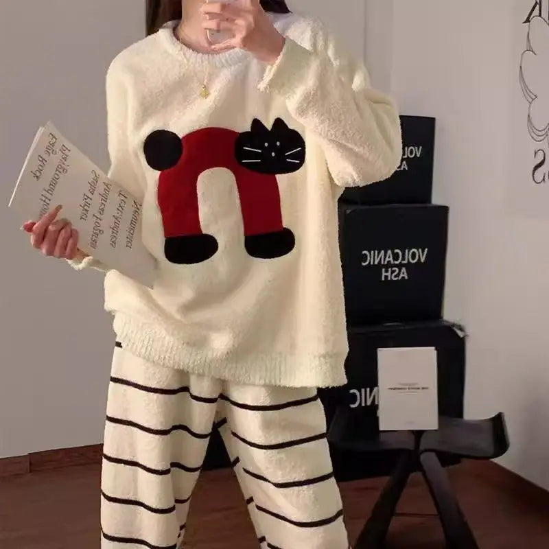 Half-Side Fleece Pajamas with Cat Print UKRABBIT ESSENTIAL