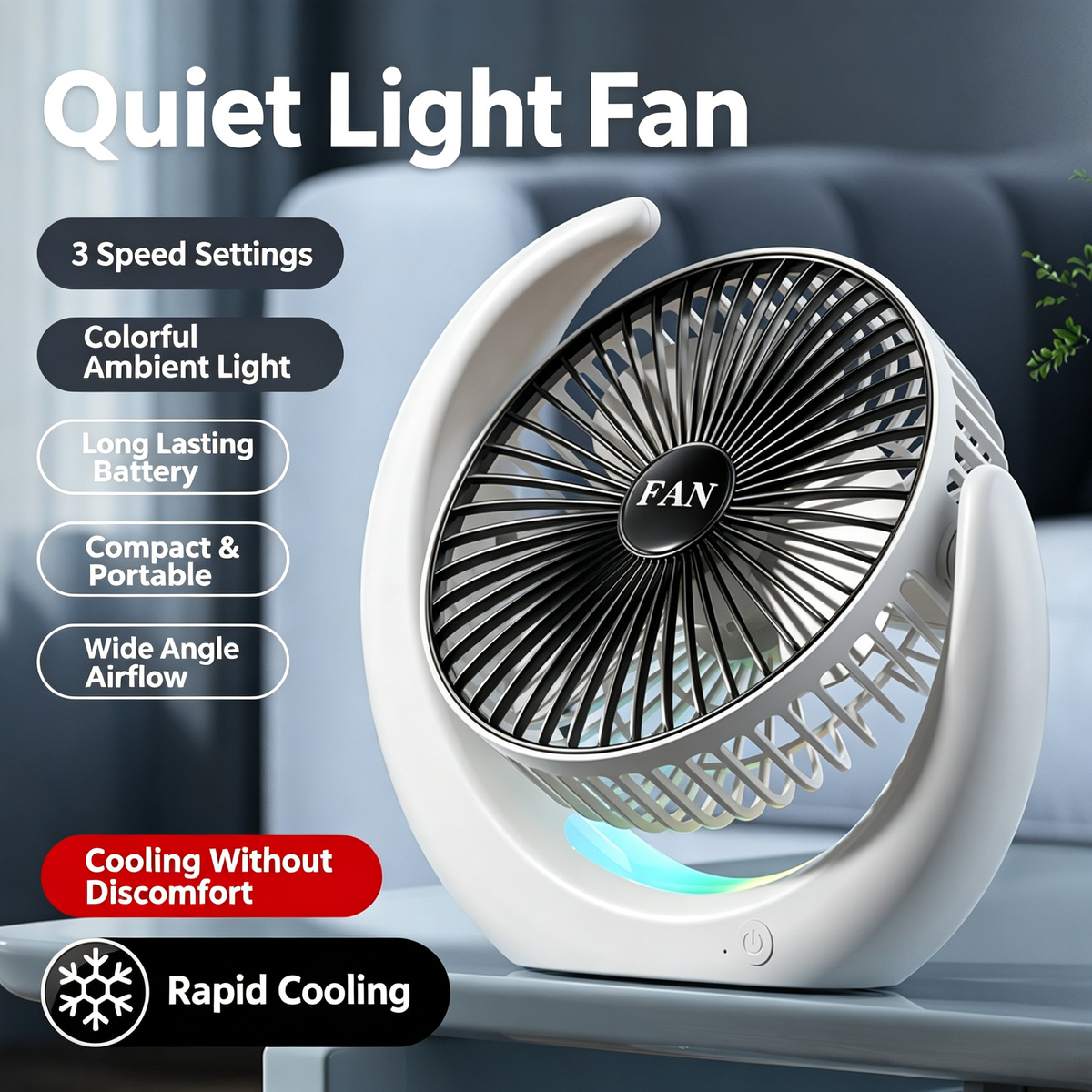 High Gloss Mini USB Rechargeable Fan with Colorful LED Lights