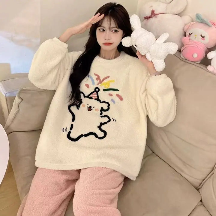 Half-Pile Fleece Pajamas with Rainbow Bear Print UKRABBIT ESSENTIAL