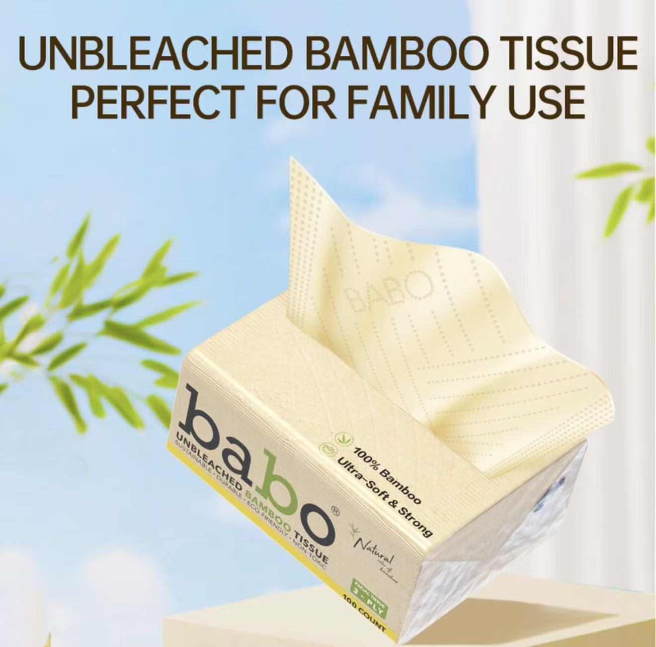 Babo Unbleached Natural Bamboo Facial Tissues, 3-Ply 100 Sheets Per Pack, 10 Packs