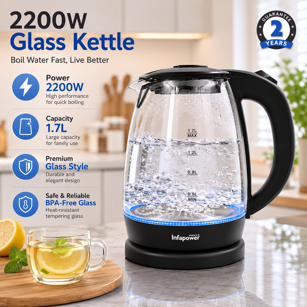 Infapower Glass 2200w 1.7L 360° Cordless Kettle