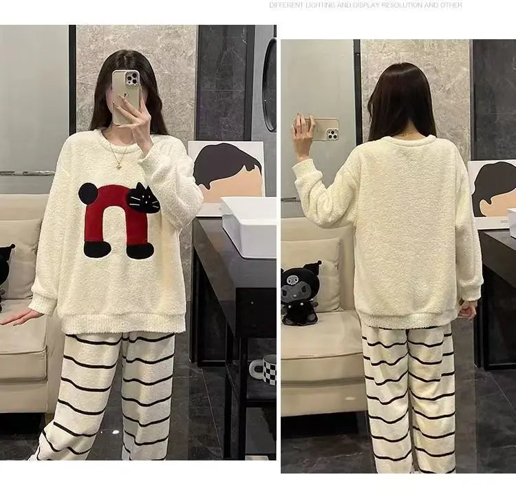 Half-Side Fleece Pajamas with Cat Print UKRABBIT ESSENTIAL