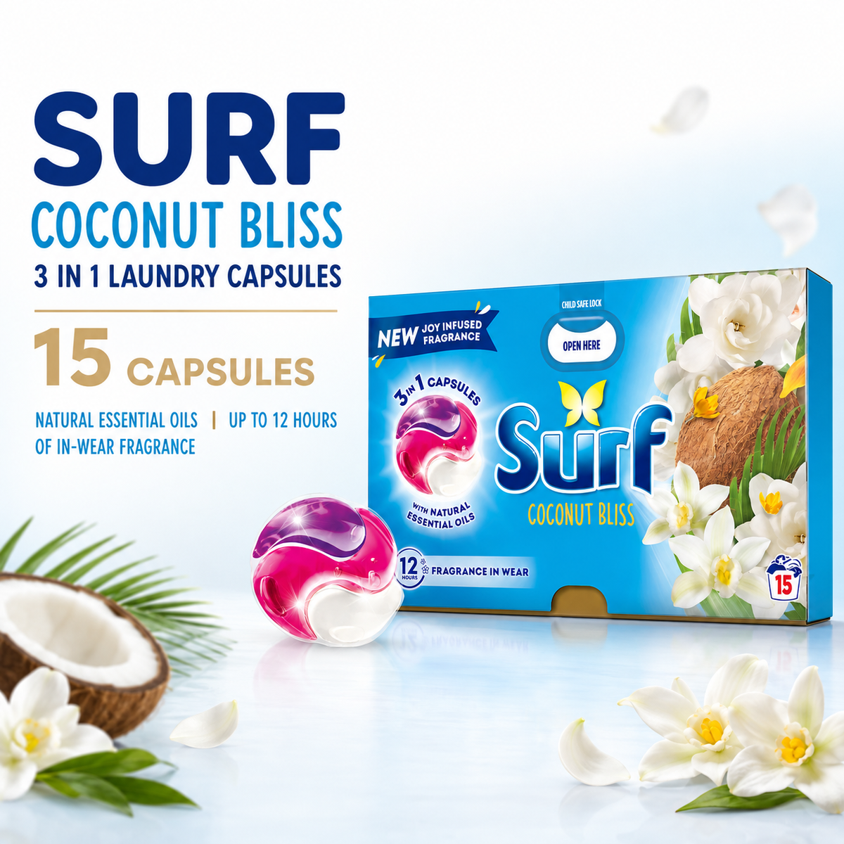 Surf 3in1 PODS, Washing Liquid Laundry Detergent Capsules, Coconut Bliss, 15 Washes