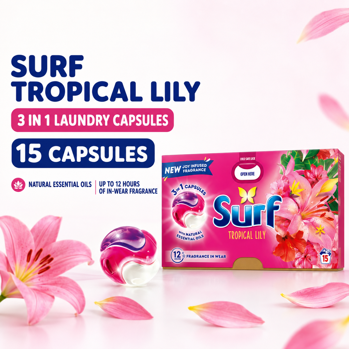 Surf 3in1 PODS, Washing Liquid Laundry Detergent Capsules, Tropical Lily, 15 Washes