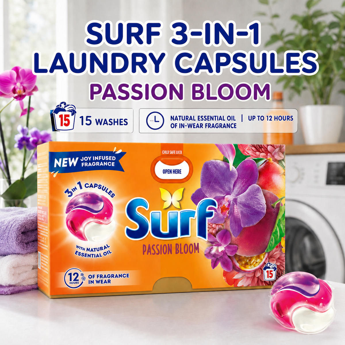 Surf 3in1 PODS, Washing Liquid Laundry Detergent Capsules, Passion Bloom, 15 Washes