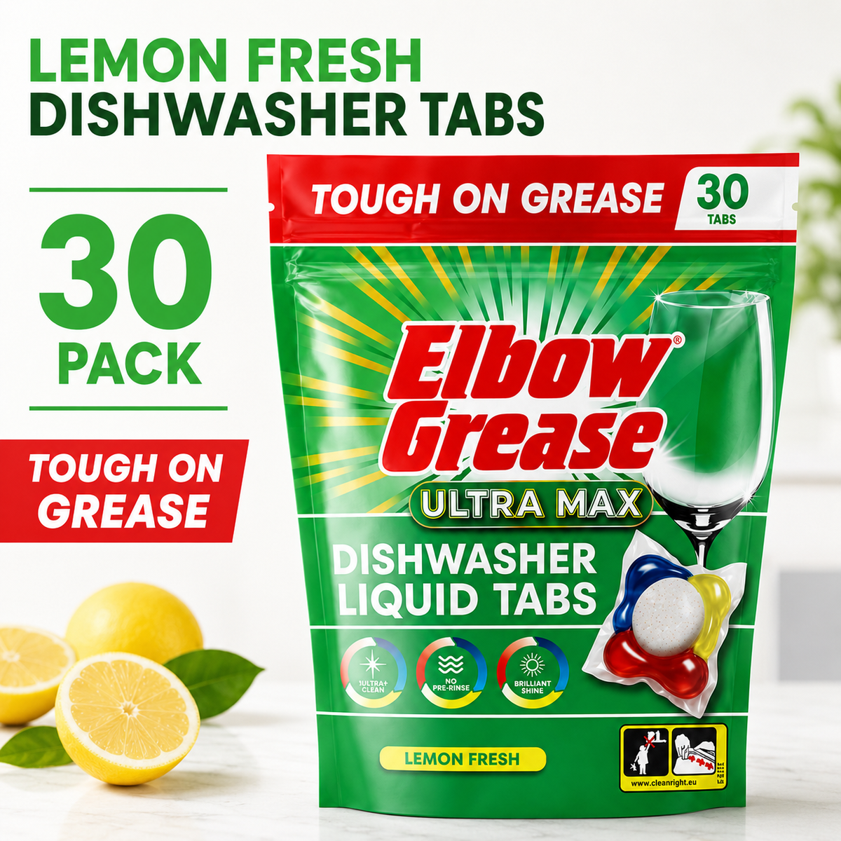 Elbow Grease Ultra Max Lemon Fresh Dishwasher Liquid Tabs 30 Pack