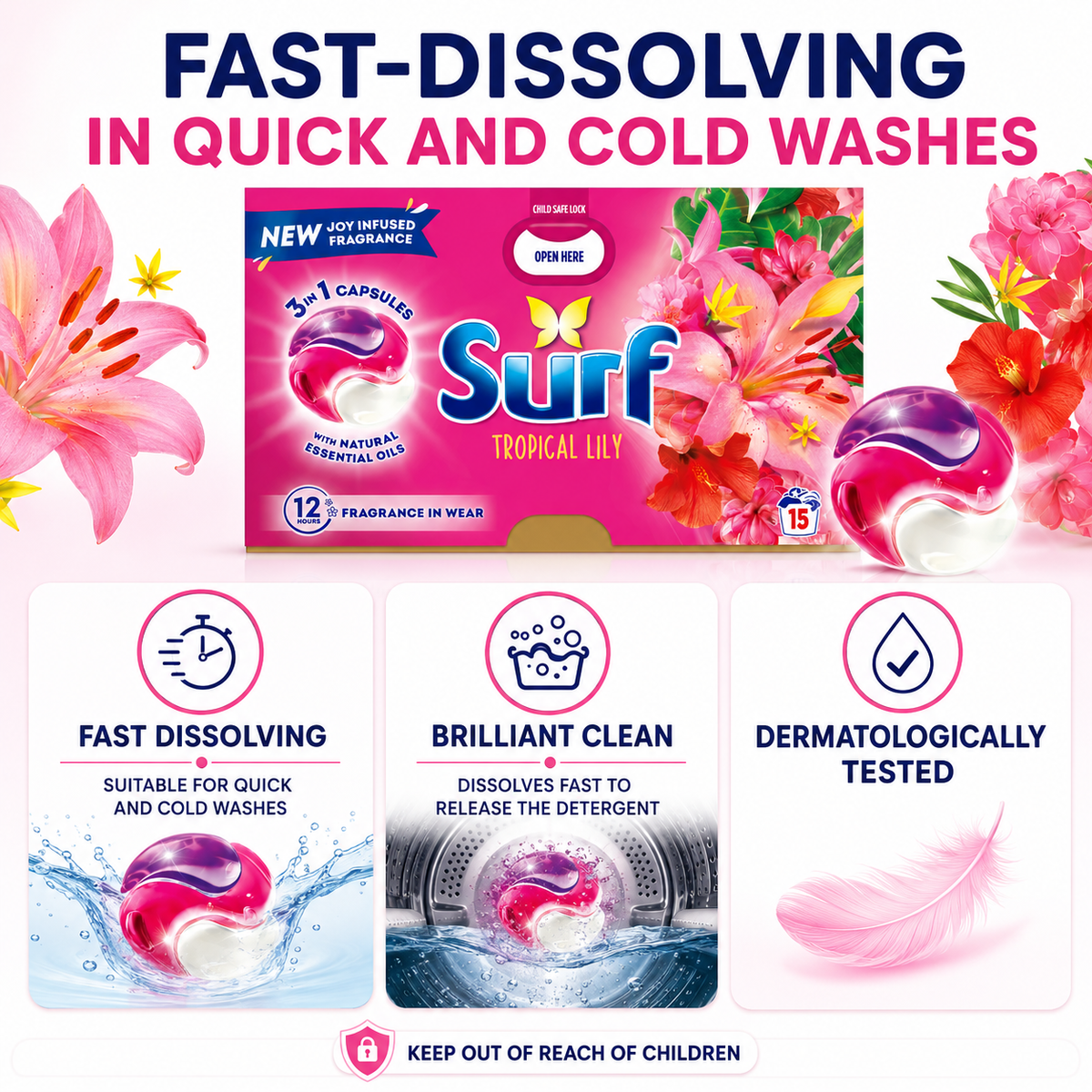 Surf 3in1 PODS, Washing Liquid Laundry Detergent Capsules, Tropical Lily, 15 Washes