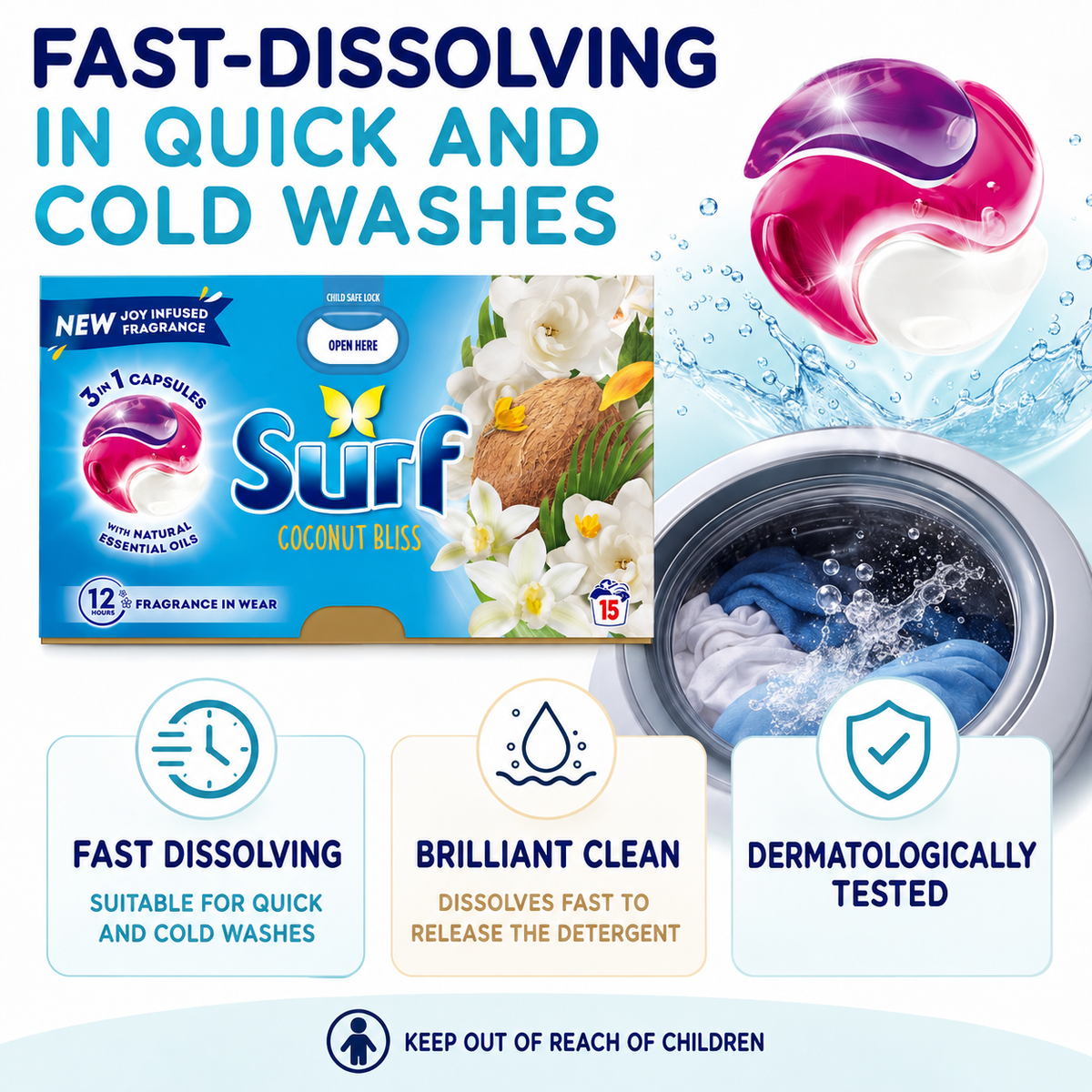 Surf 3in1 PODS, Washing Liquid Laundry Detergent Capsules, Coconut Bliss, 15 Washes