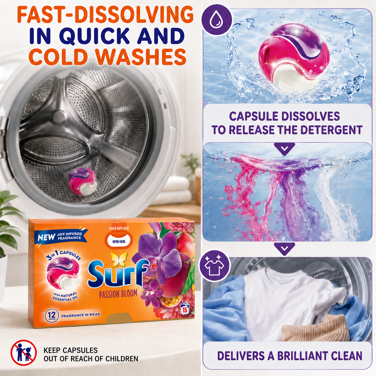 Surf 3in1 PODS, Washing Liquid Laundry Detergent Capsules, Passion Bloom, 15 Washes