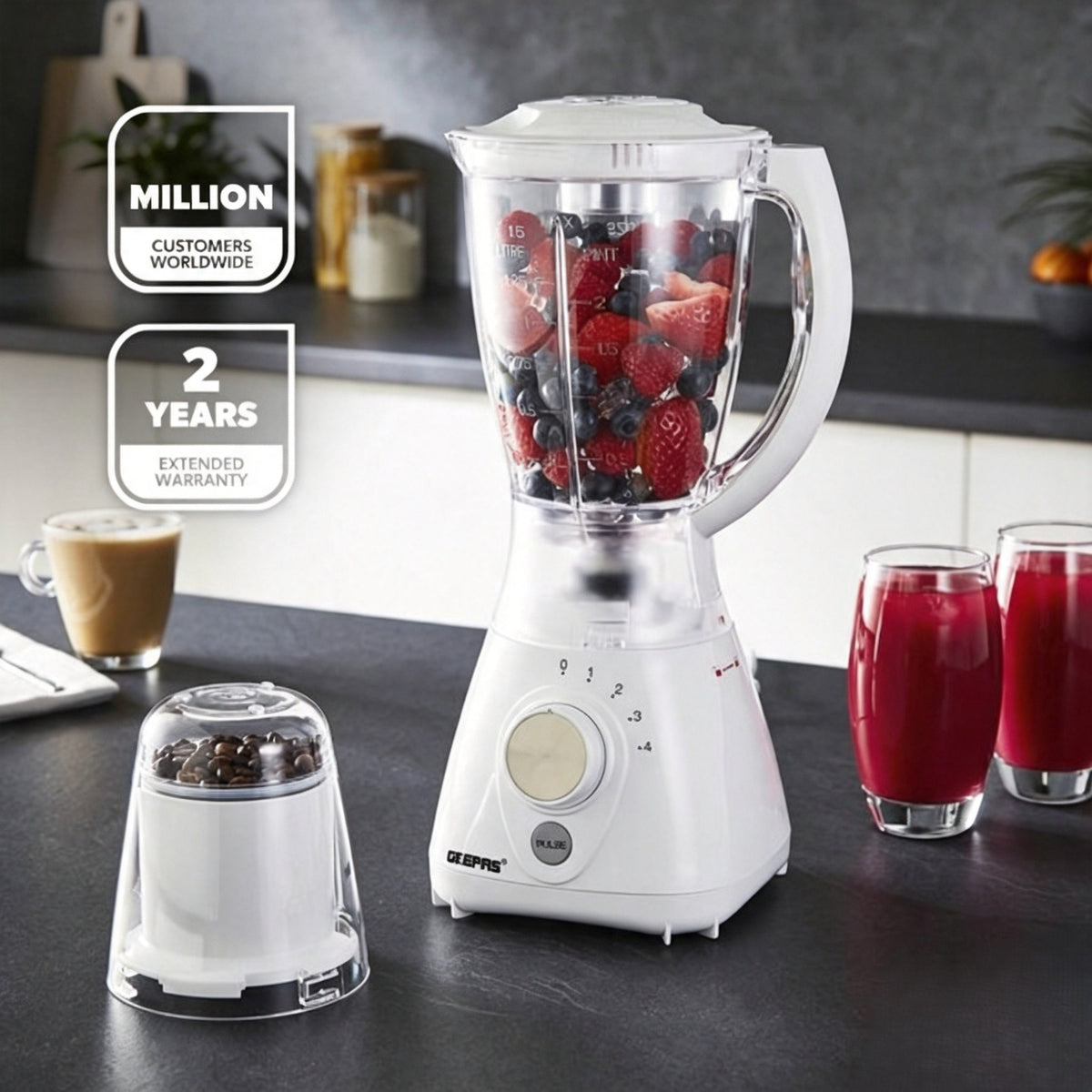 Geepas White 550W 2-in-1 Food Blender & Grinder 1.5L