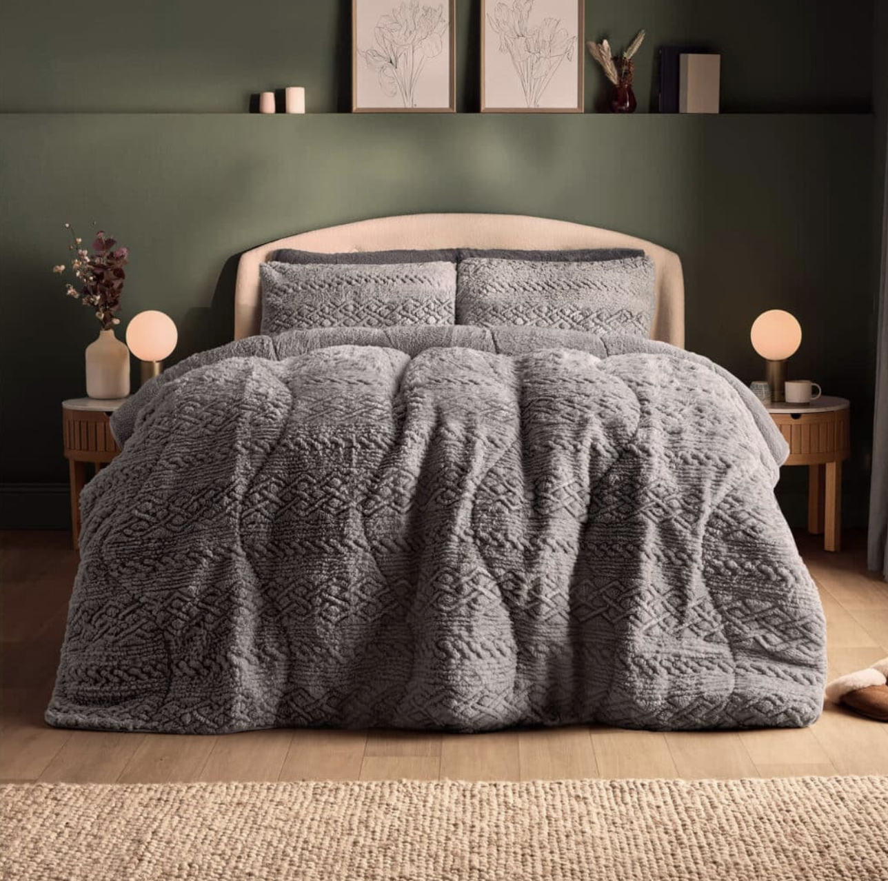 Silentnight Teddy Fleece All-in-One Duvet in Starry Sky Grey, Cable-Knit Embossed ( Includes Pillowcase)