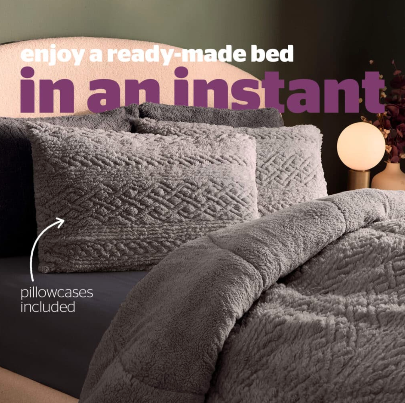 Silentnight Teddy Fleece All-in-One Duvet in Starry Sky Grey, Cable-Knit Embossed ( Includes Pillowcase)