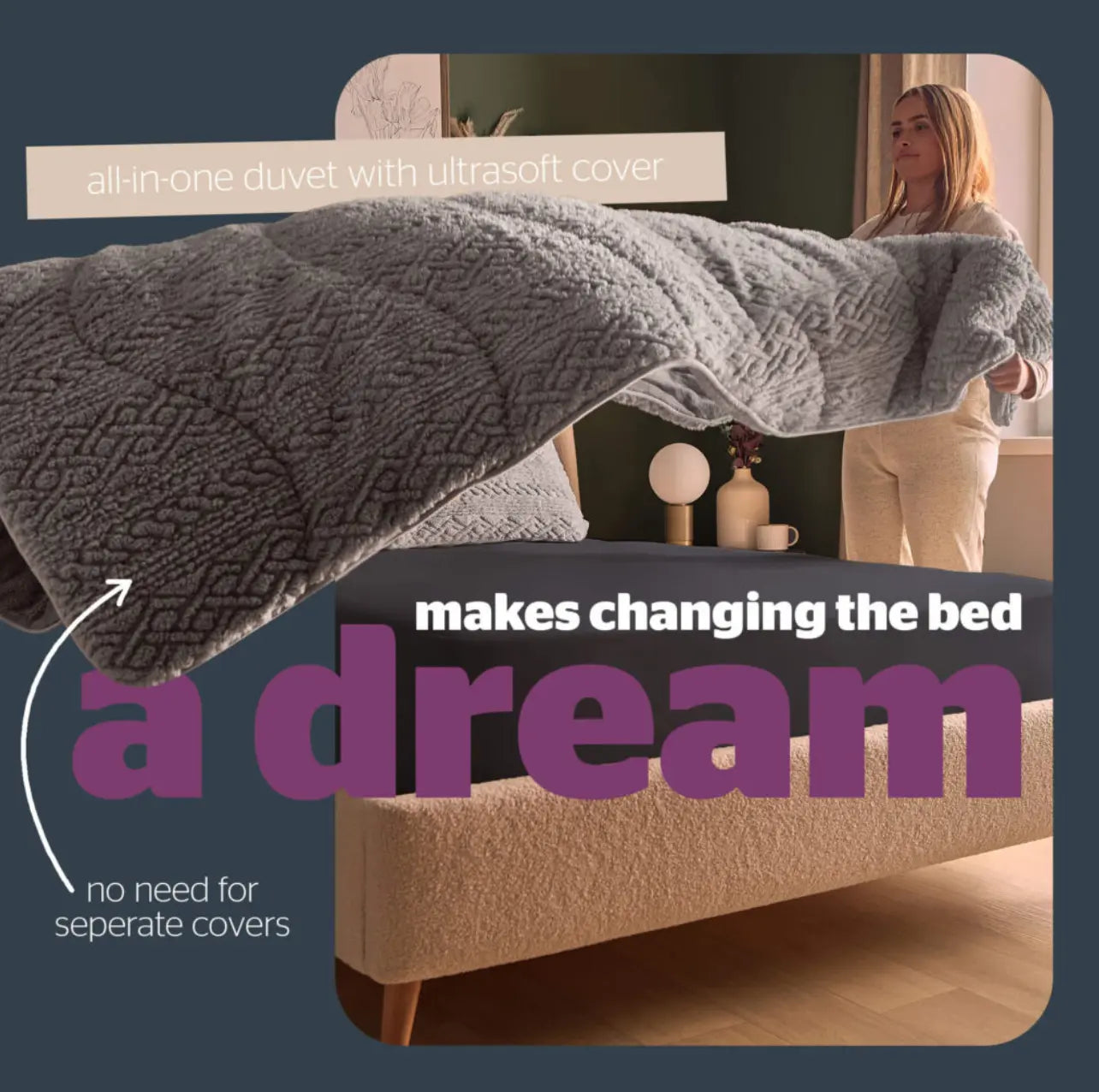 Silentnight Teddy Fleece All-in-One Duvet in Starry Sky Grey, Cable-Knit Embossed ( Includes Pillowcase) Silentnight