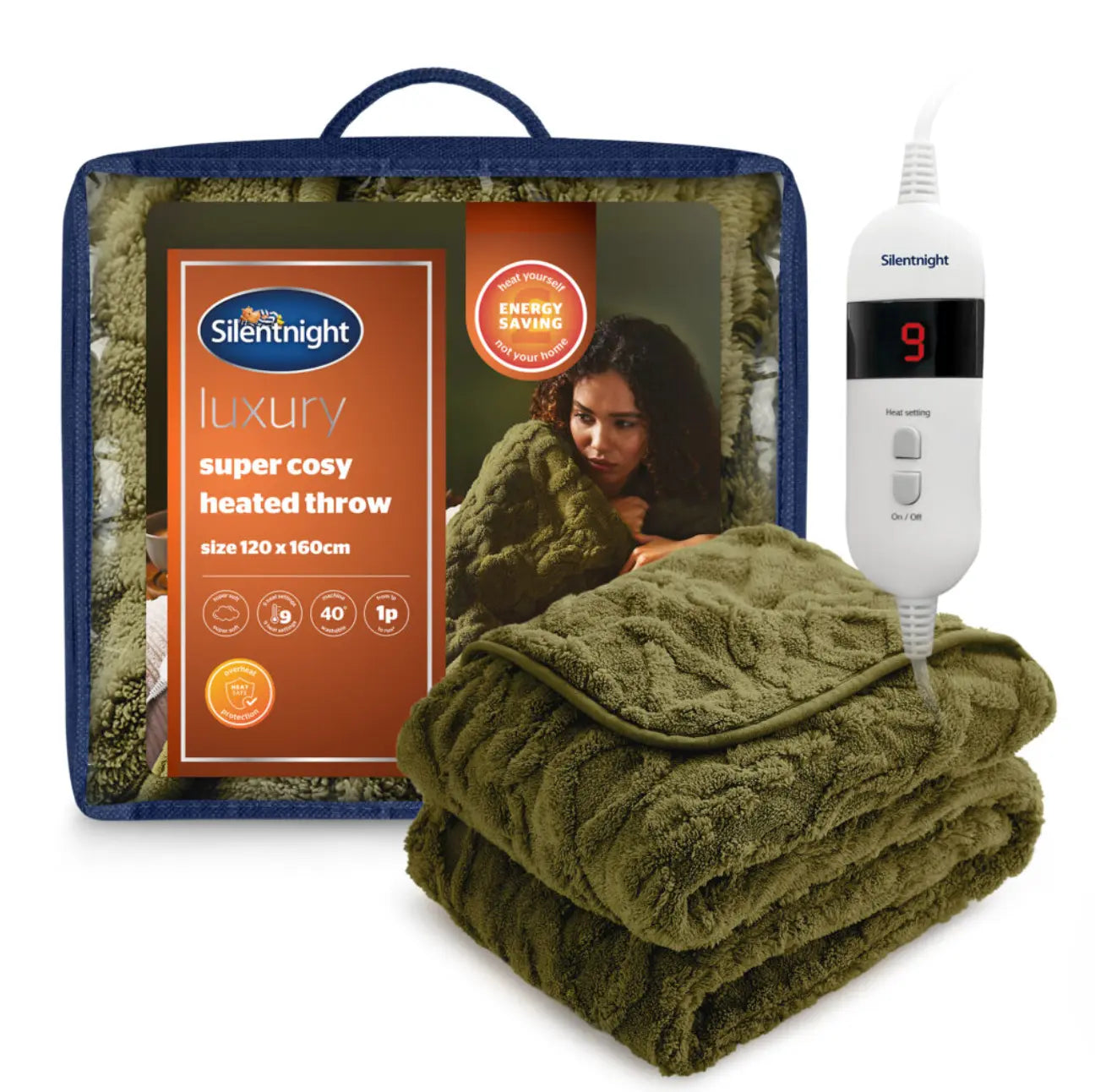 Silentnight Luxury Super Cozy Heated Throw – Olive Green Cable & Knit Embossed 120*160 cm Silentnight