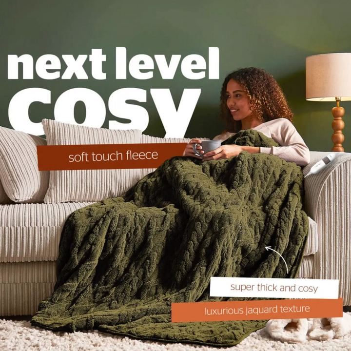 Silentnight Luxury Super Cozy Heated Throw – Olive Green Cable & Knit Embossed 120*160 cm Silentnight