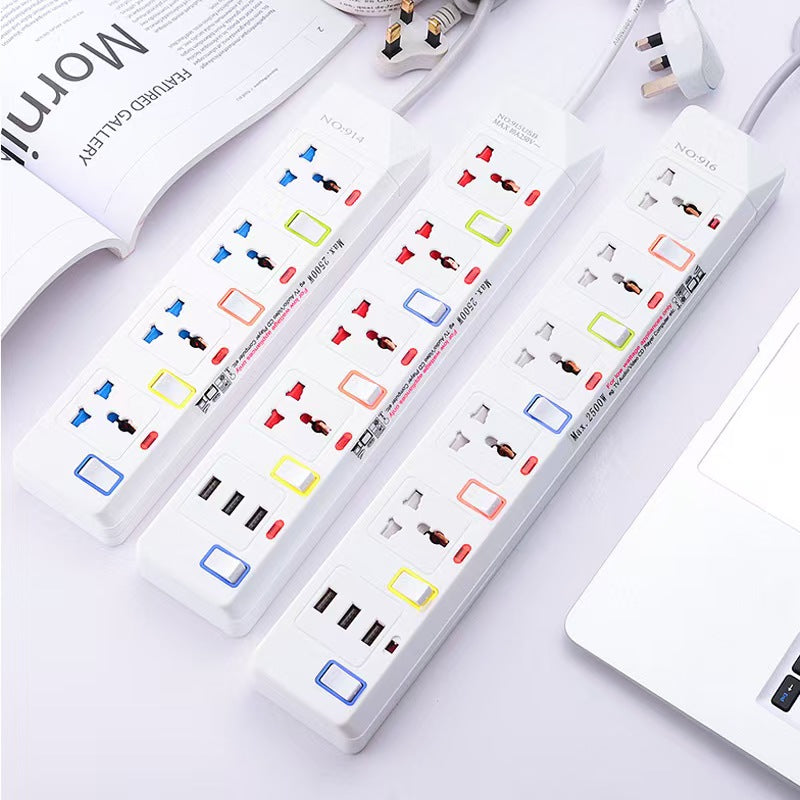 UK Standard Multi-Socket Power Strip with 3 Outlets & 3 USB Ports