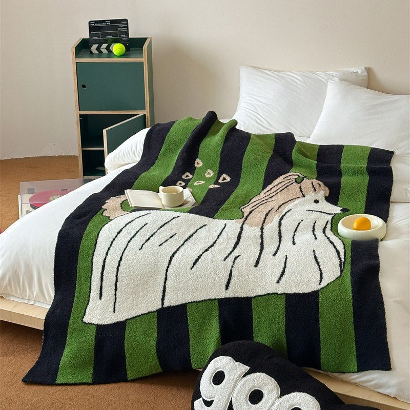 Bottle Green Lucky Dog Half-Pile Knitted Throw Blanket