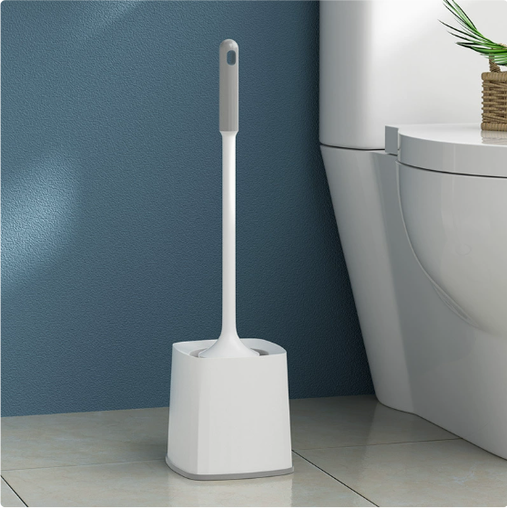 Long-handled toilet brush set with base, for thorough cleaning