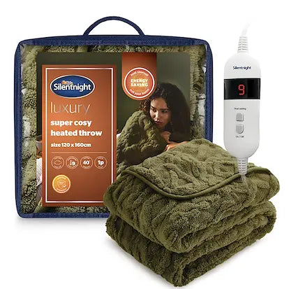 Silentnight Luxury Super Cozy Heated Throw – Olive Green Cable & Knit Embossed 120*160 cm Silentnight