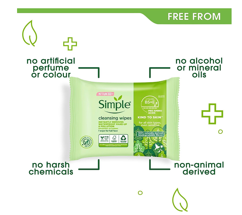 Simple Kind to Skin Cleansing Facial Wipes, Biodegradable, 25 Pieces