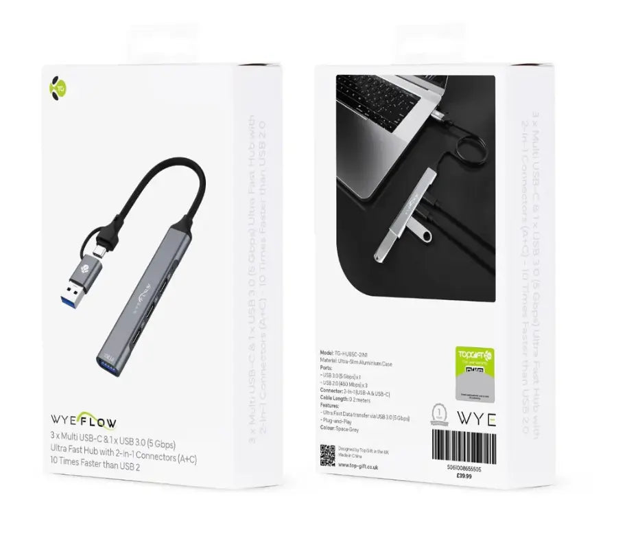 WYEFLOW 3.0 (5 Gbps) Ultra Slim Multi USB Hub with 2-In-1 Connectors (A+C) 10 Times Faster than USB 2.0 WYEFLUX